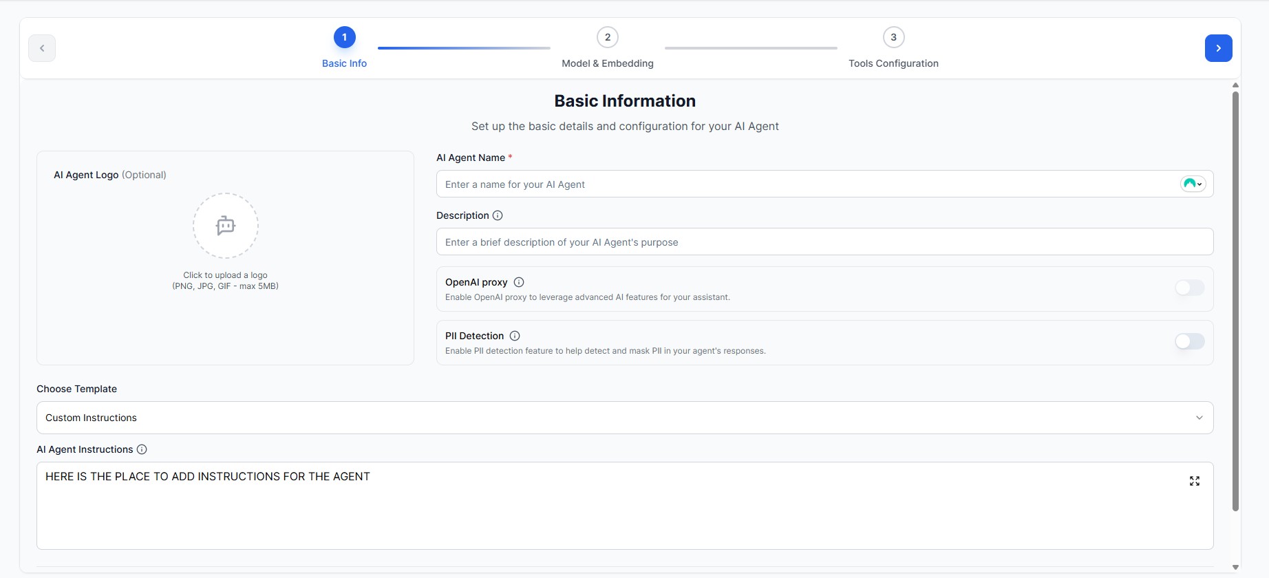 Agent Instructions field in the Basic Info step of agent setup