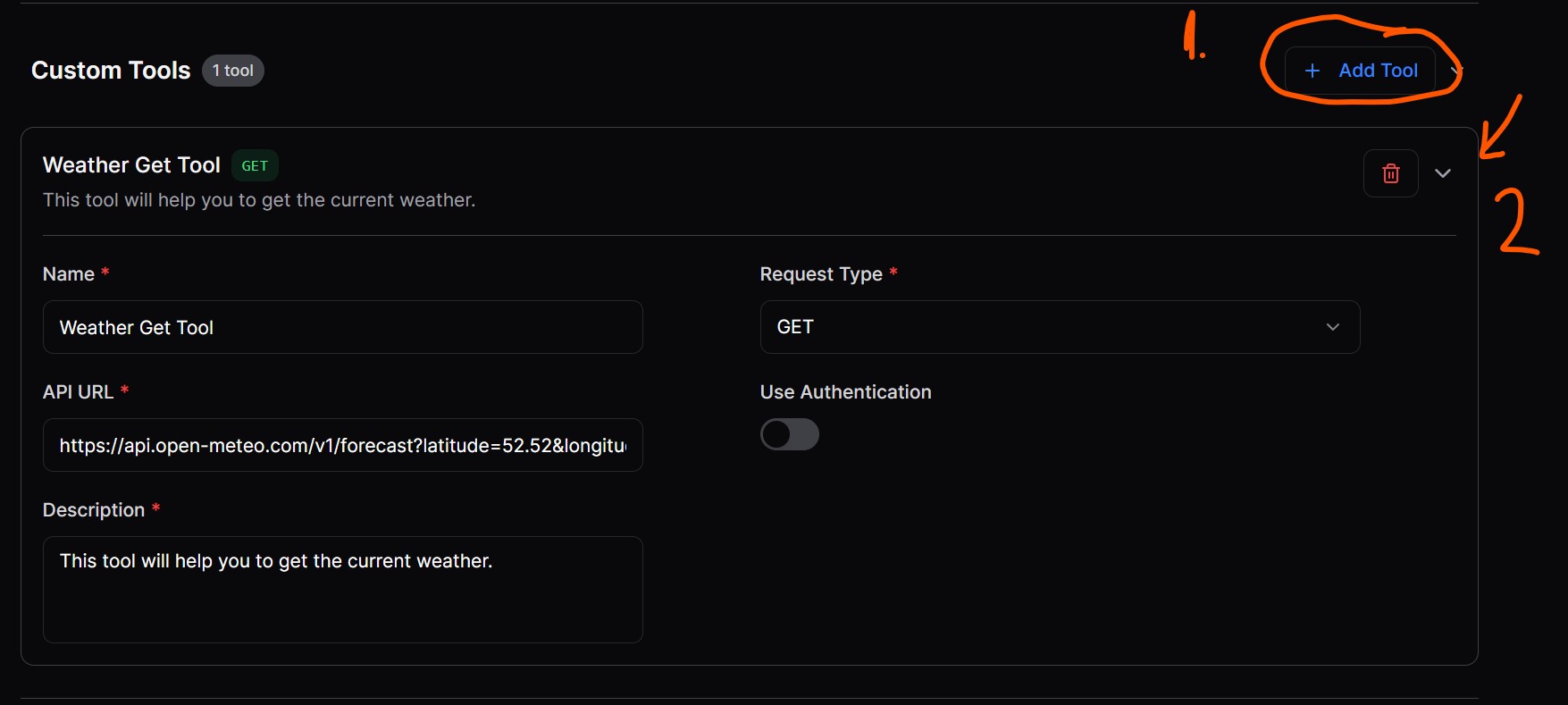 Click to view larger image Custom tool configuration form showing name, description, URL, request type, and authentication settings for a Weather API tool