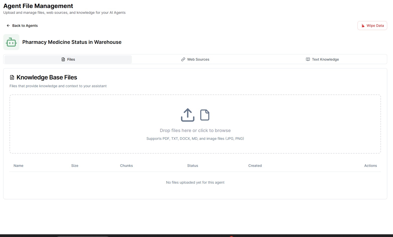 Knowledge base file upload area for PDFs, documents, and web sources